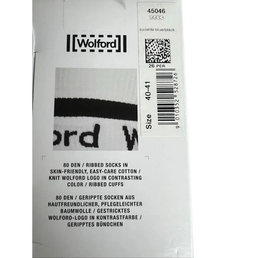 NWT Wolford The W Logo Rib Socks Sodalite Blue/Black Size 40-41